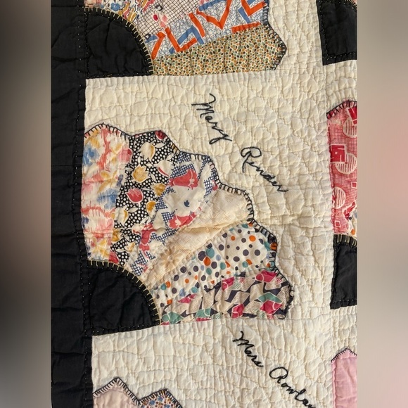 Vintage 1930s Colorful Feedsack Fan Friendship Signature Quilt Handmade 66"x77" - Picture 5 of 12